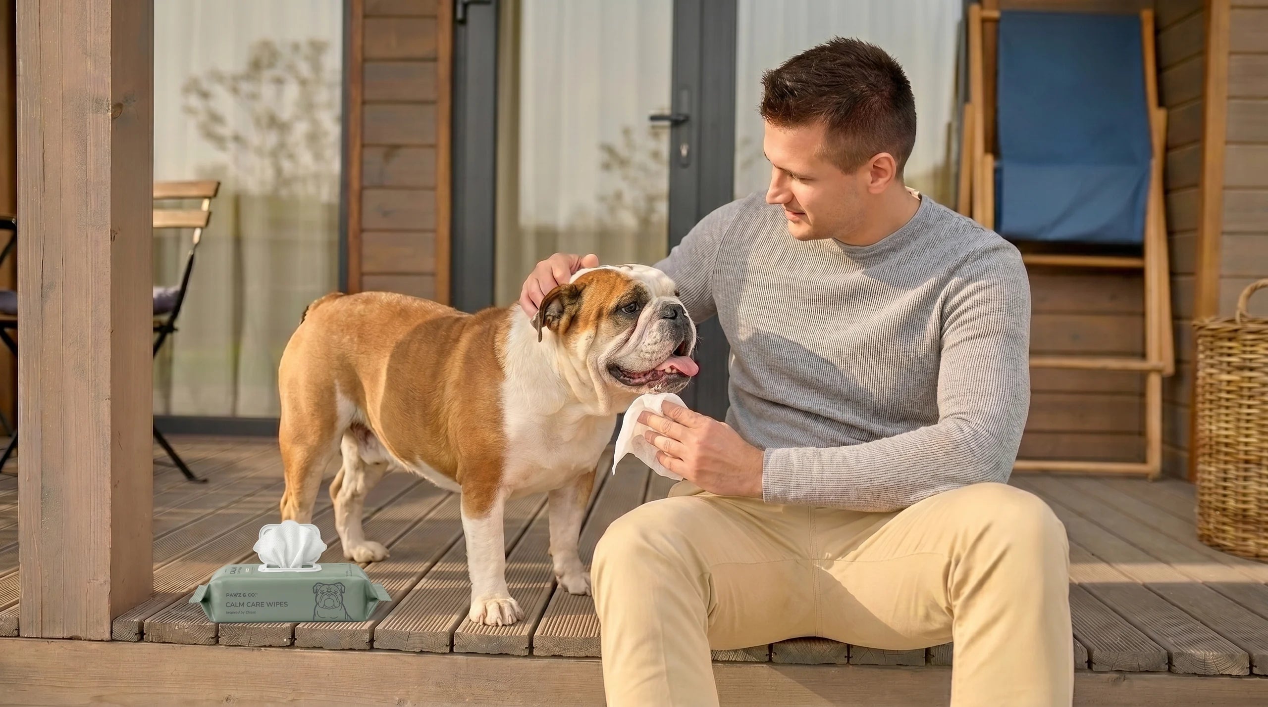 Man caring for Chase on the porch