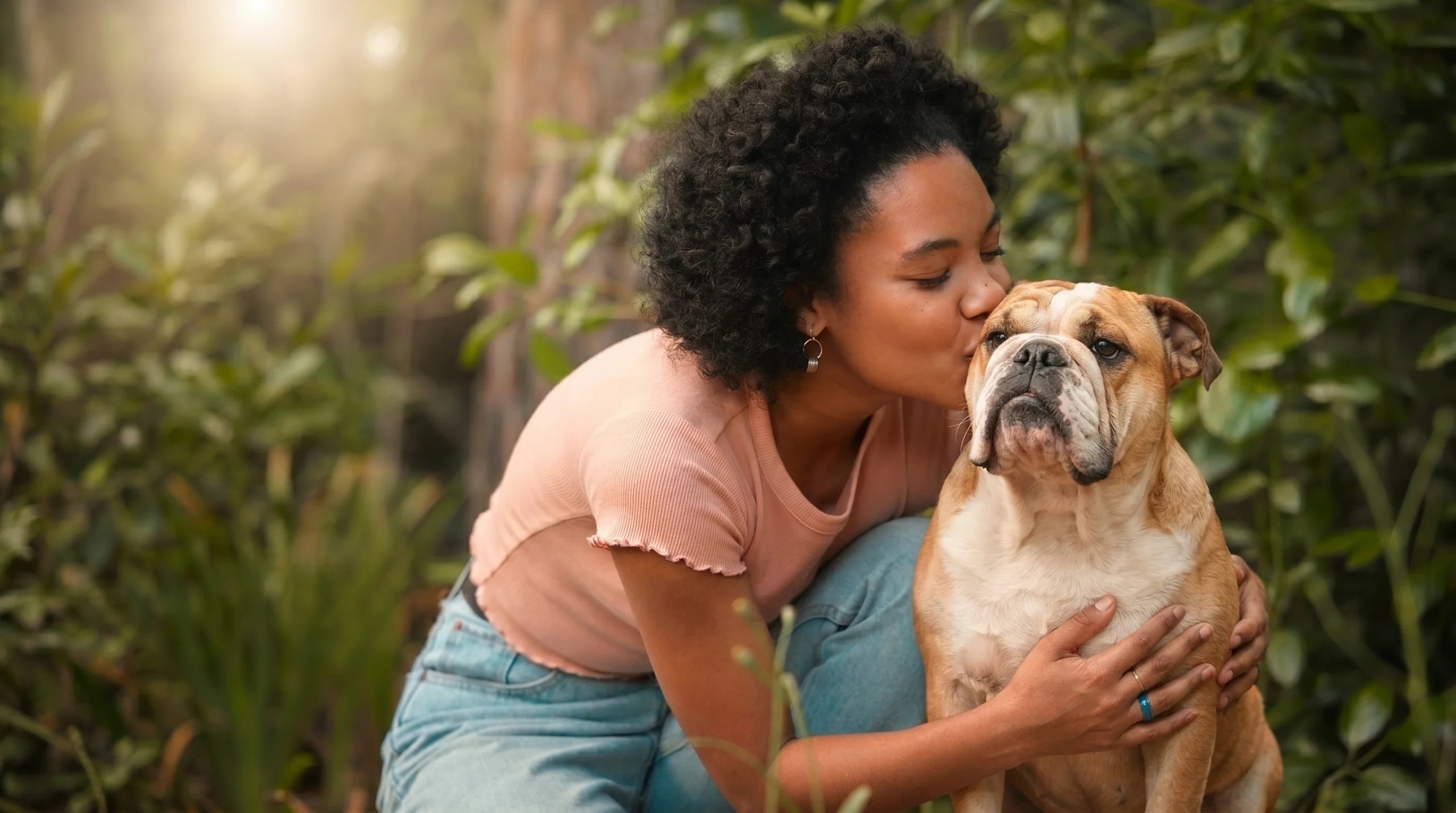Woman embracing her bulldog outdoors